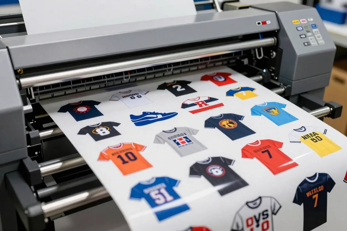 A DTF gang sheet with many designs nested together printing on a wide-format printer